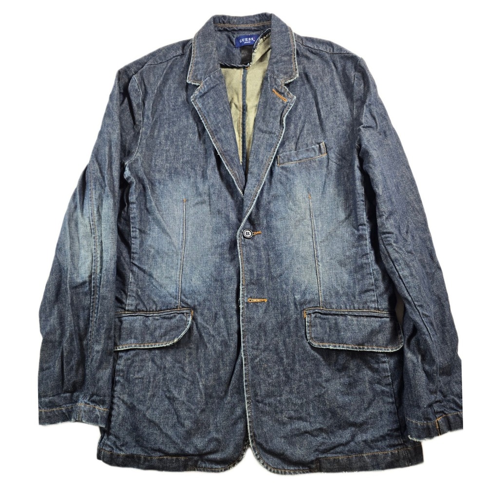 Rare Guess Jeans Denim Blazer Mens Large Blue Cotton Sport Coat Jacket